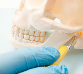 An image of a 3D printed human skull with a focus on the teeth, accompanied by a pair of surgical scissors and a gloved hand holding a yellow tool, suggesting a dental or medical context.